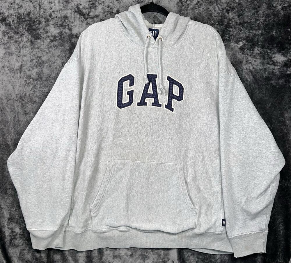 Vintage GAP Hoodie Large Gray Spell Out Pullover Sweatshirt Made In Russia